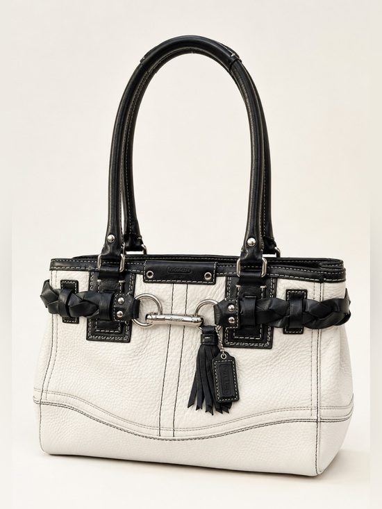 Coach Handbags - Coach White Leather Tote with Black Trim and Braided Accent